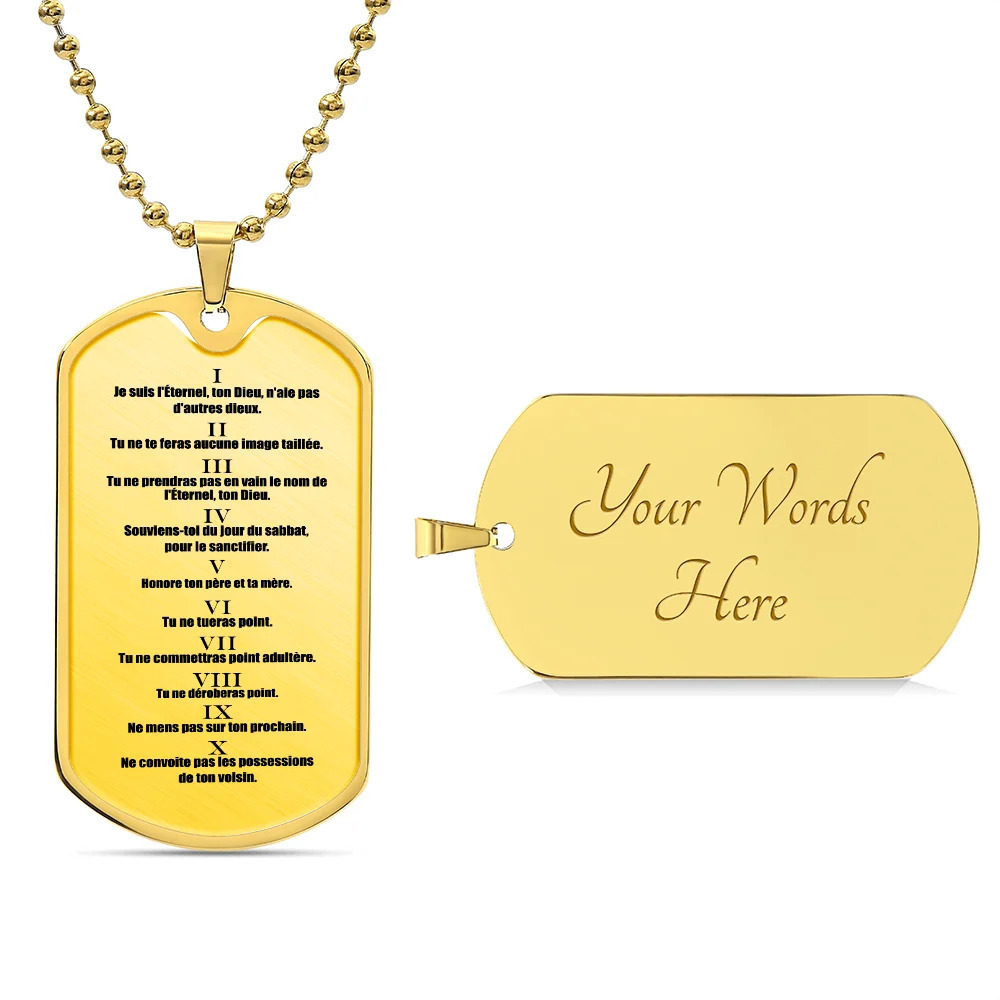 French 10 Commandments Personalized Engraved Gold Dog Tag Necklace Custom Name